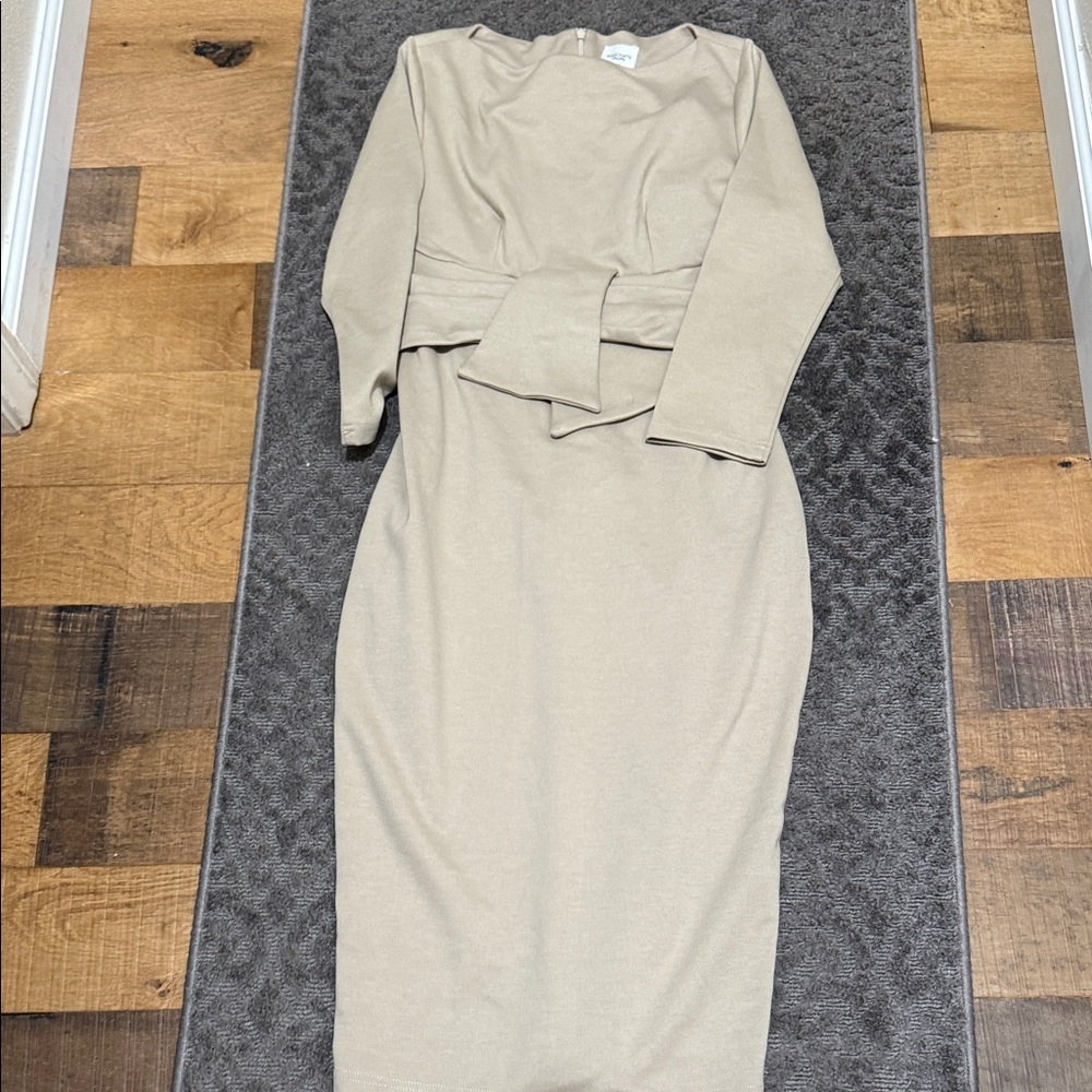 Long-Sleeve Tie-Waist Midi Dress in Beige